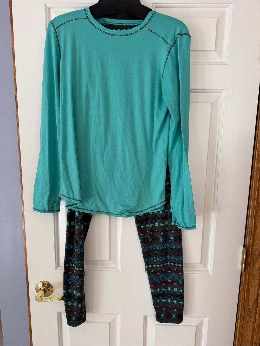 Womens Long Sleeve Pajama Set in Teal with Patterned Leggings